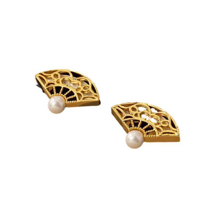 Wear FengShui 925 Sterling Silver Posts Fan Pattern Pearl Copper Wisdom Stud Drop Earrings
