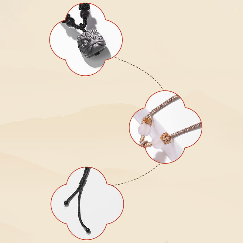 Wear FengShui Natural Silver Sheen Obsidian Red Agate Dancing Lion Protection Necklace Pendant