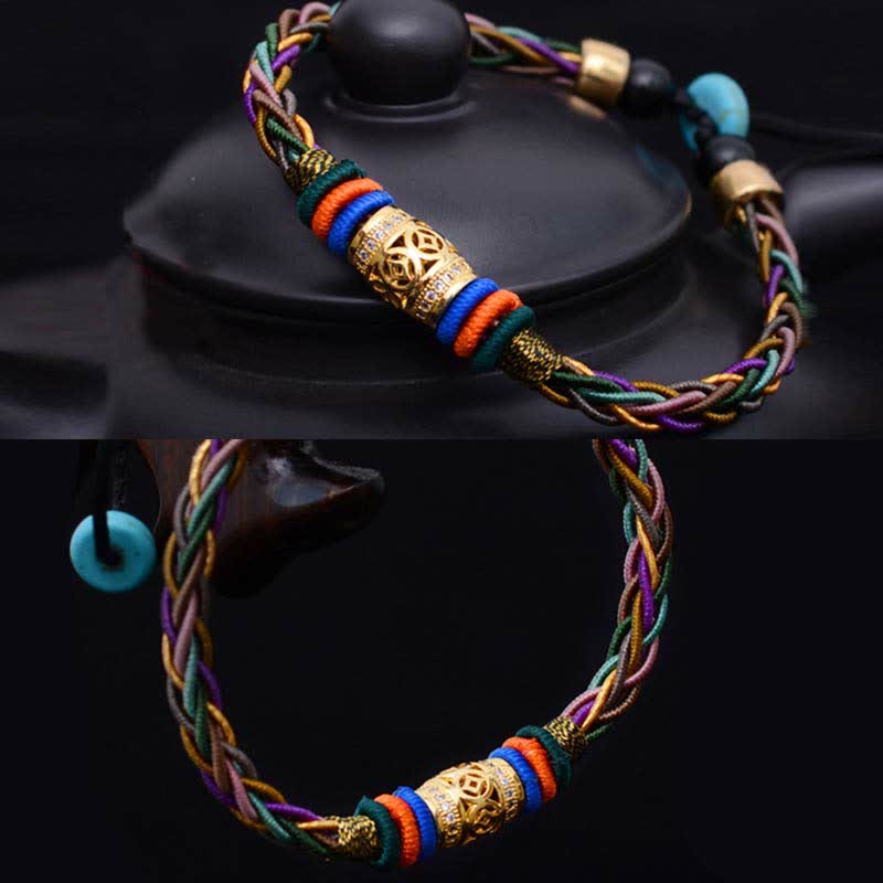 Wear FengShui Tibetan Handmade Eight Thread Knot Copper Coin Luck Weave String Bracelet