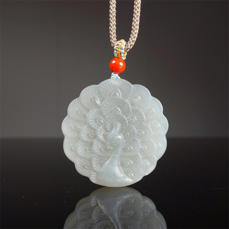 Wear FengShui White Jade Peacock Protection Blessing Necklace Pendant