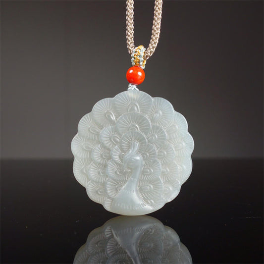 Wear FengShui White Jade Peacock Protection Blessing Necklace Pendant