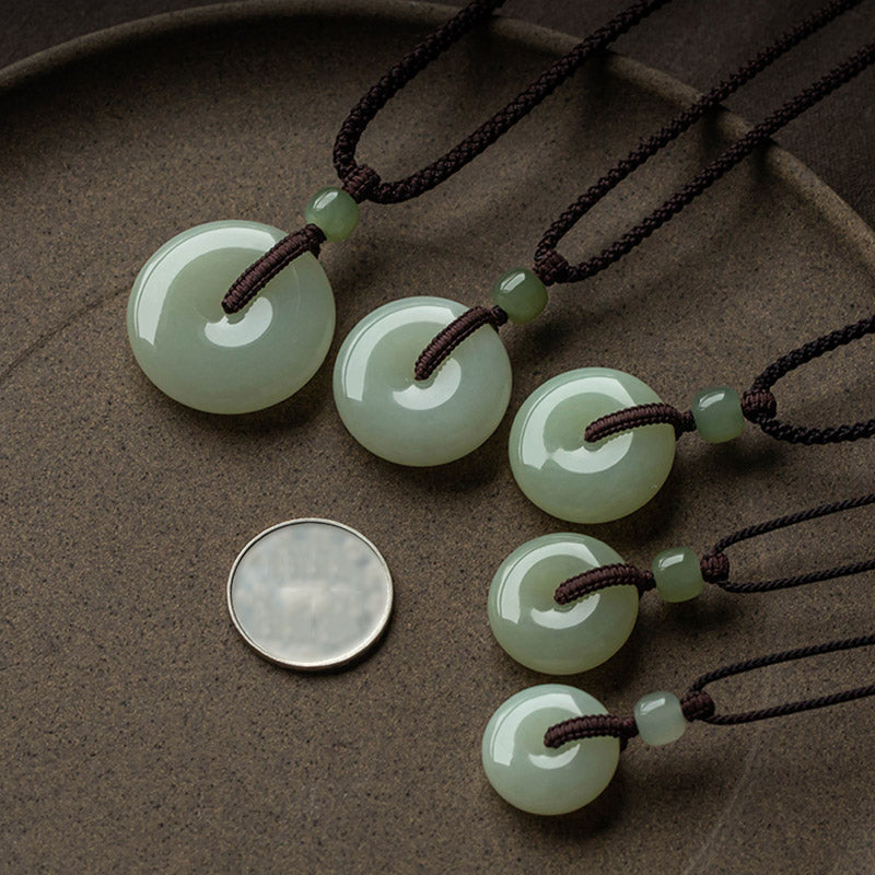 Wear FengShui Natural Round Jade Peace Buckle Luck Prosperity Necklace Pendant