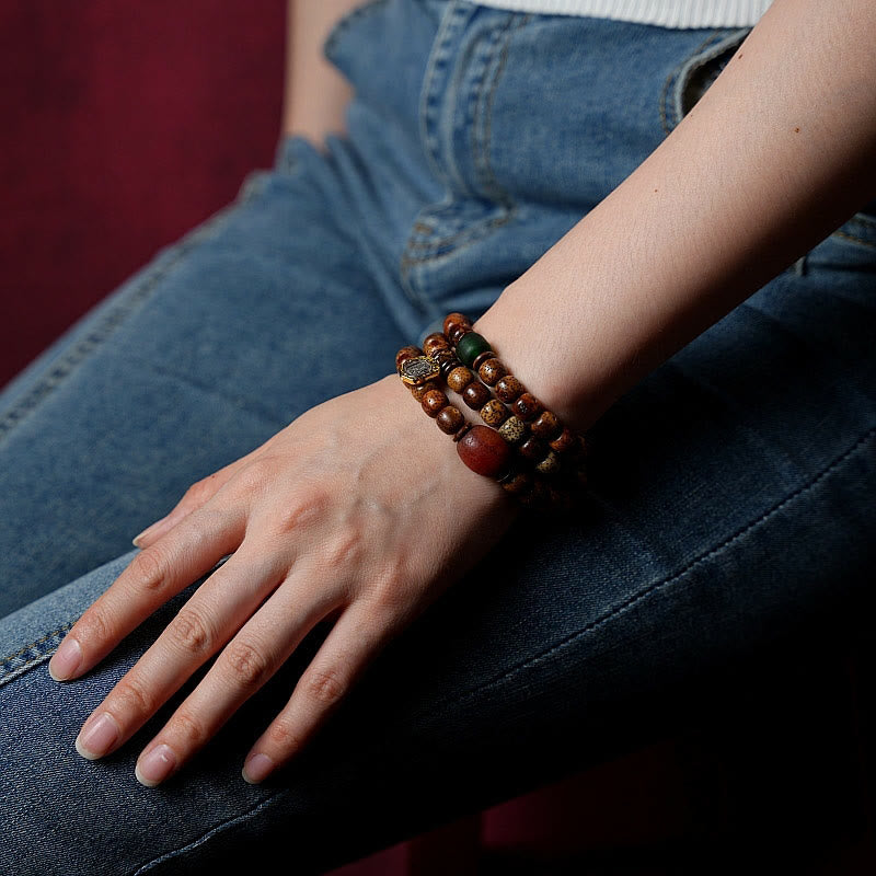 Wear FengShui Tibetan Bodhi Seed Amber Dzi Bead Agate Zakiram Goddess of Wealth Beads Triple Wrap Bracelet