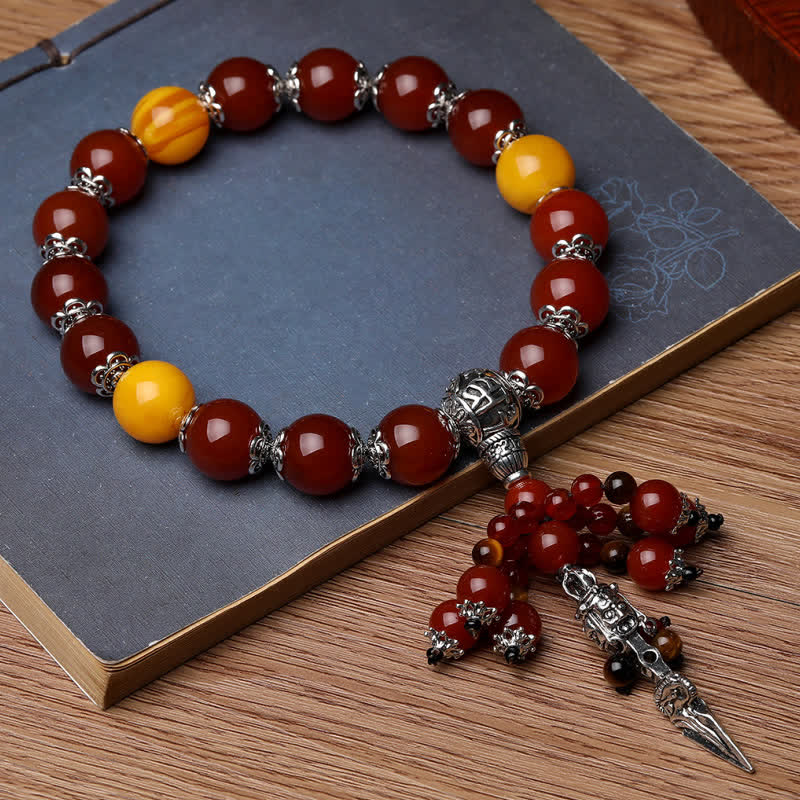 Wear FengShui Natural Tiger Eye Red Agate Dragon Vein Agate Stone Vajra Dorje Power Healing Bracelet Car Decoration