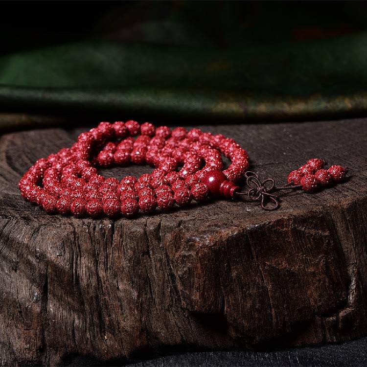 Wear FengShui 108 Mala Beads Cinnabar Om Mani Padme Hum Pattern Engraved Blessing Bracelet