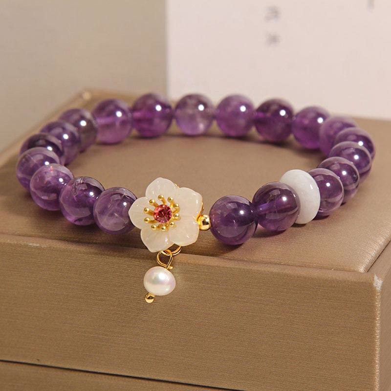 Wear FengShui Natural Amethyst White Agate Pearl Charm Balance Bracelet