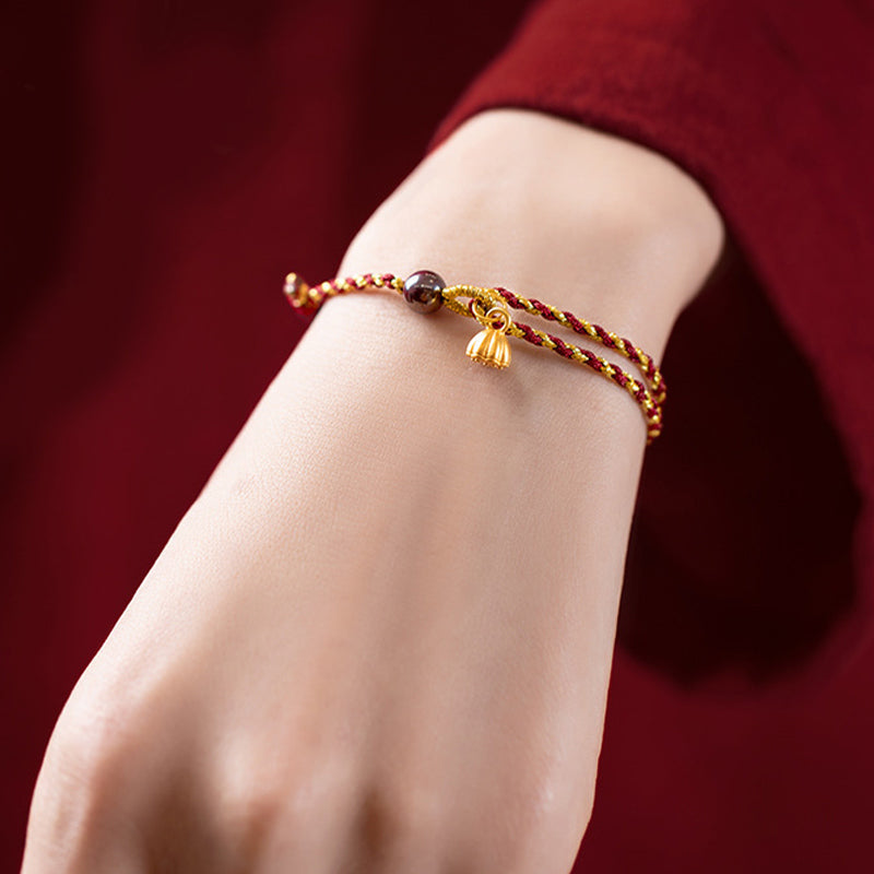 Wear FengShui Handcrafted Red Gold Rope Lotus Peace And Joy Charm Braid Bracelet