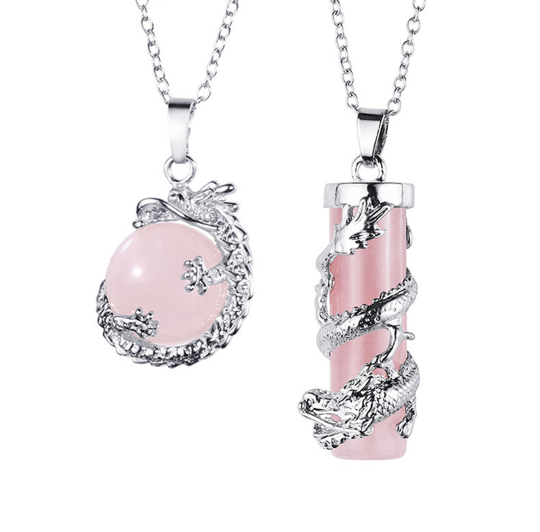 Wear FengShui 2pc Dragon Wrapped Round Ball Gemstone Couple Necklace Pendant