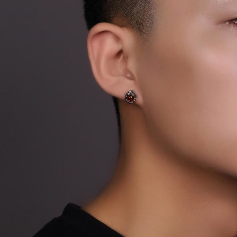 Wear FengShui 925 Sterling Silver Natural Amber Dragon Success Protection Stud Earring
