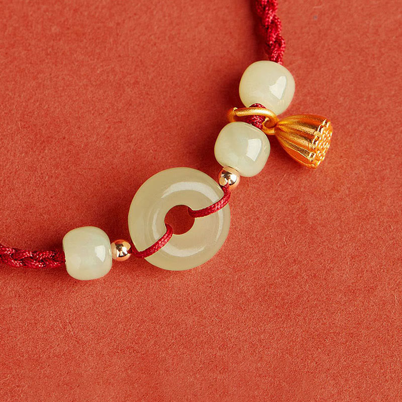 Wear FengShui Round Peace Buckle Jade Lotus Happiness Abundance Wealth String Bracelet
