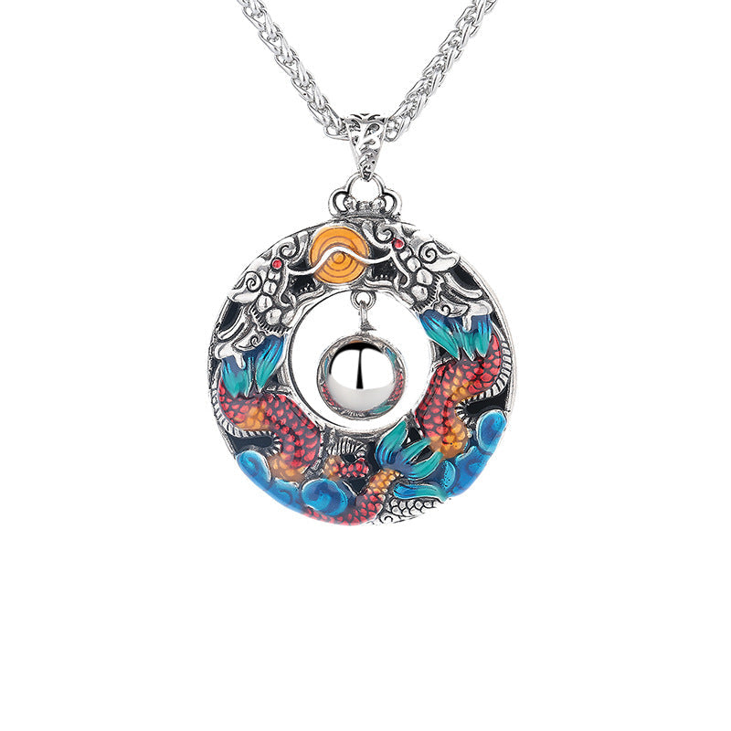 Wear FengShui Year of the Dragon Colorful Double Dragons Playing Bead Copper Protection Necklace Pendant
