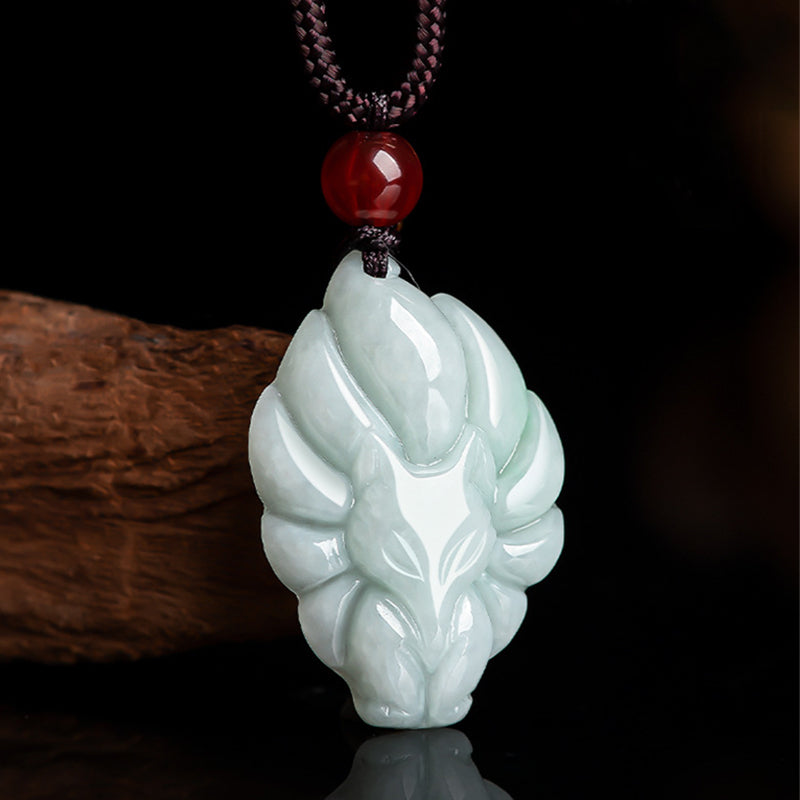 Wear FengShui Natural Jade Nine Tailed Fox Luck Prosperity Necklace Pendant