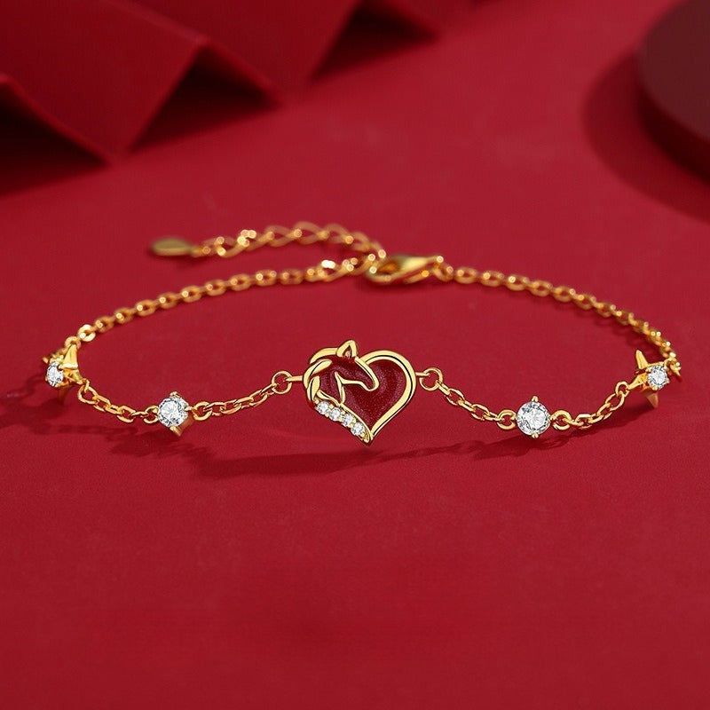 S925 Sterling Silver Year of the Horse Jewelry – Heart-shaped Diamond-Embedded Necklace, Bracelet, and Earrings