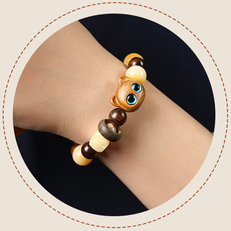 Wear FengShui Natural Bodhi Seed Sandalwood Lucky Cute Cat Head Paw Claw Peace Bracelet