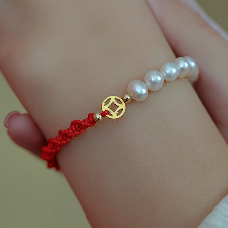 Wear FengShui 14K Gold Plated Pearl Bead Luck Protection Braid Red String Bracelet