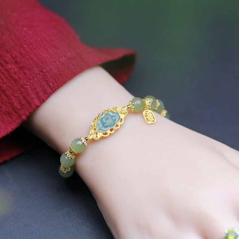Wear FengShui 925 Sterling Silver Plated 14K Gold Hetian Jade Lotus Luck Bracelet