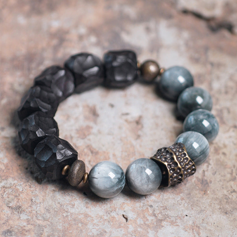 Wear FengShui Eagle's Eye Stone Ebony Wood Copper Confidence Couple Bracelet