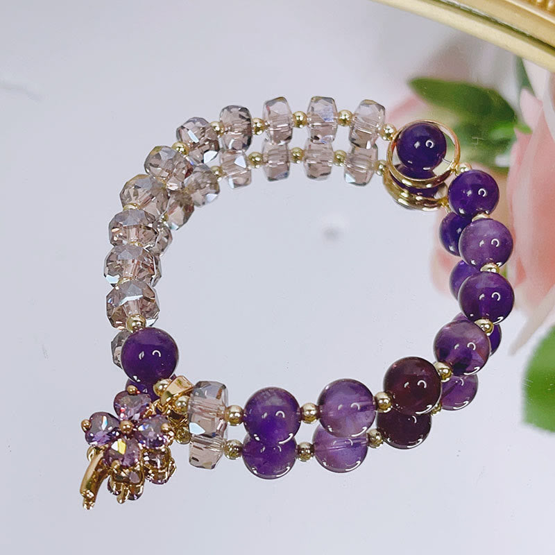Wear FengShui Amethyst Crystal Four Leaf Clover Healing Charm Bracelet