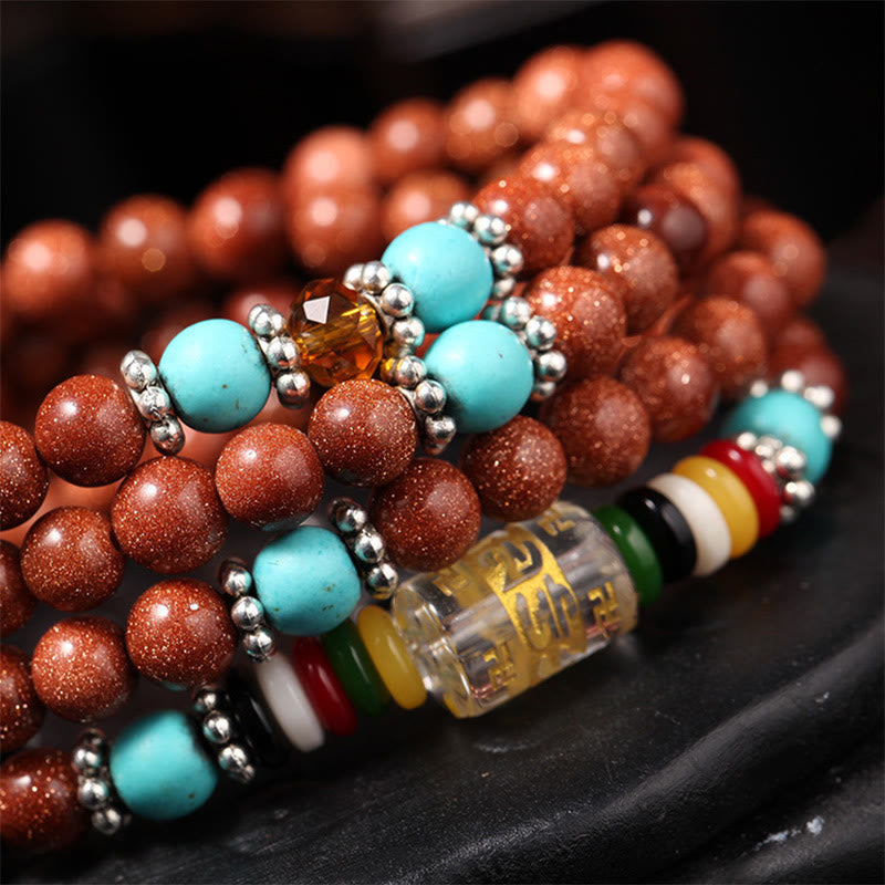 Wear FengShui 108 Mala Beads Goldstone Om Mani Padme Hum Swastika Confidence Bracelet