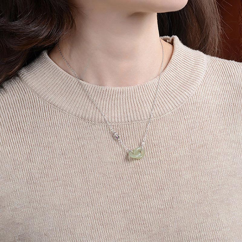 Wear FengShui 925 Sterling Silver Round Jade Luck Prosperity Necklace Chain Pendant