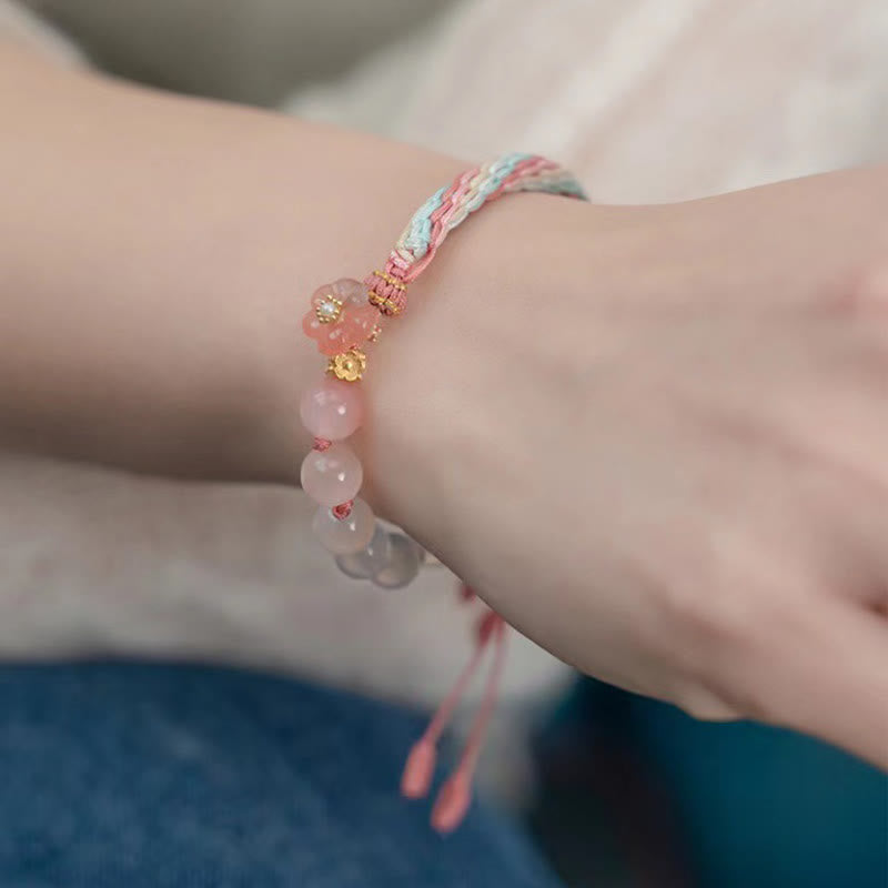 Wear FengShui Natural Gradient Agate Reincarnation Knot Peach Blossom Wealth Luck Handmade String Bracelet