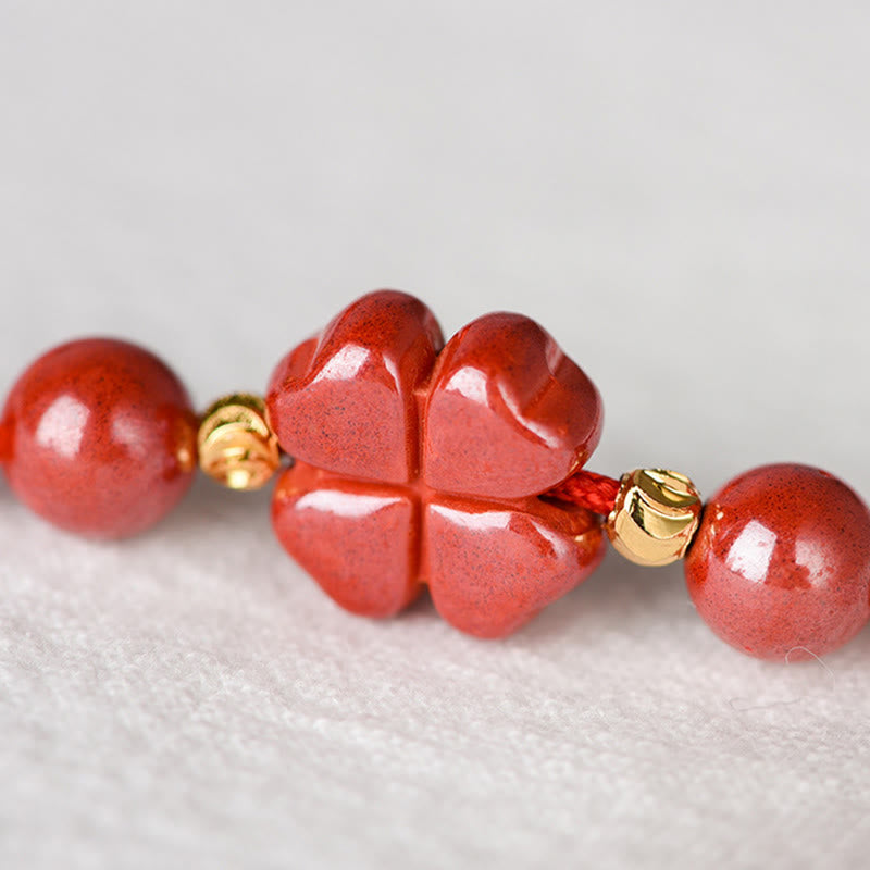 Wear FengShui Four Leaf Clover Cinnabar Blessing Calm String Bracelet Anklet