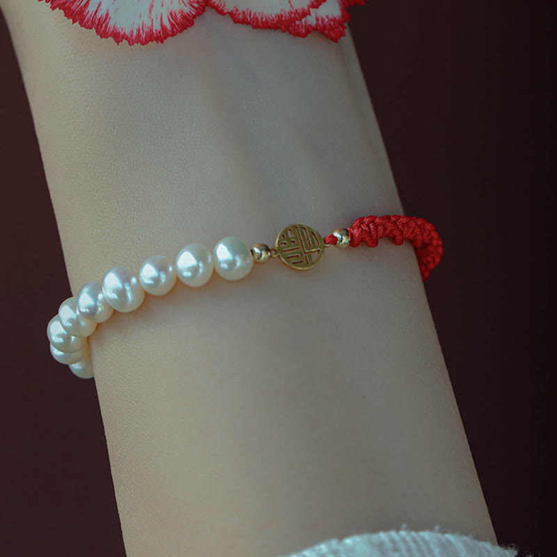 Wear FengShui 14K Gold Plated Pearl Bead Luck Protection Braid Red String Bracelet