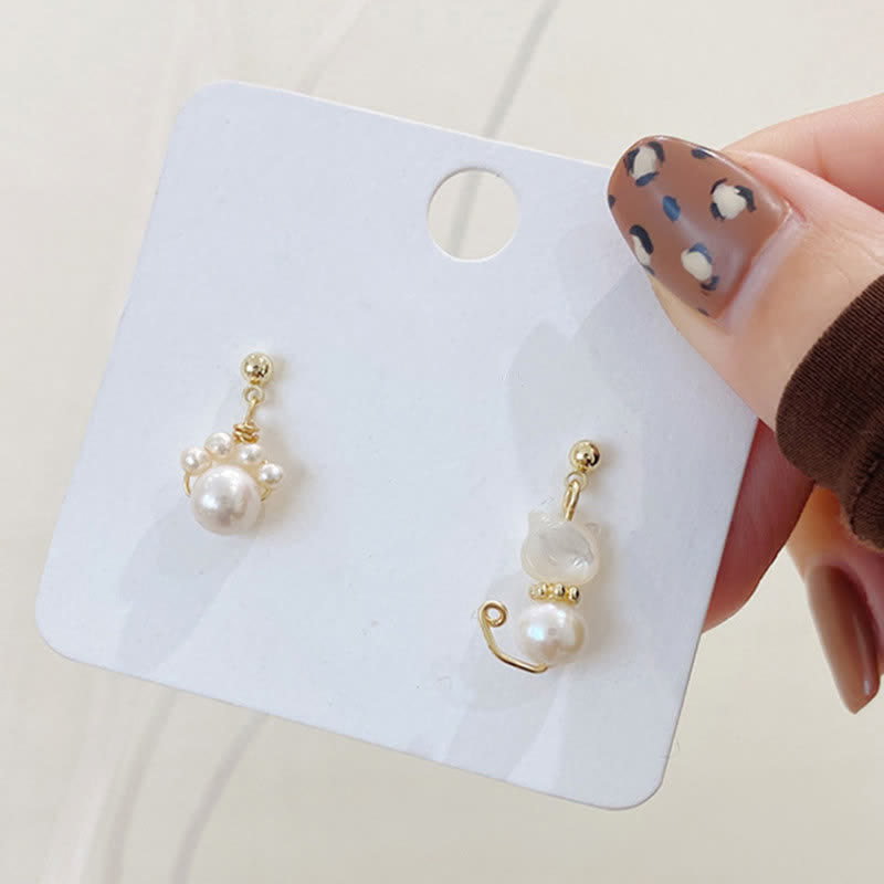 Wear FengShui Cute Cat Paw Pearl Wisdom Stud Drop Earrings
