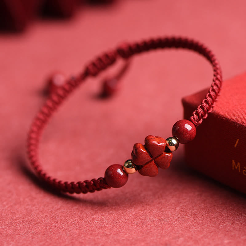 Wear FengShui Four Leaf Clover Five-petal Flower Cinnabar Blessing Red String Bracelet