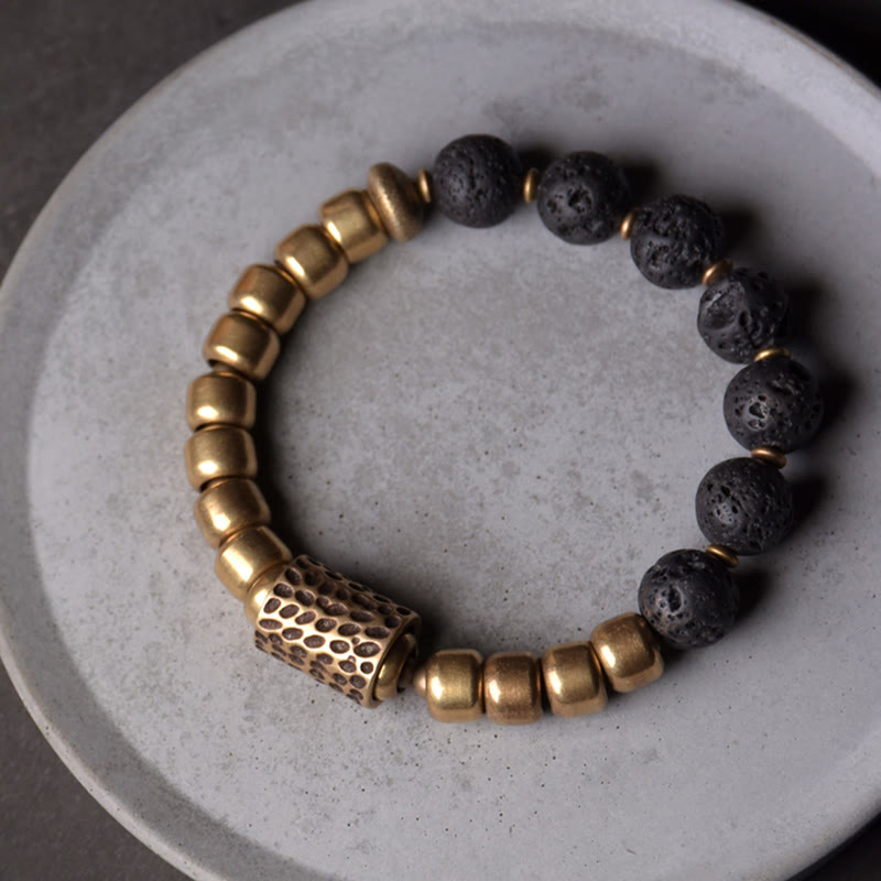 Wear FengShui Lava Rock Stone Rainbow Obsidian Brass Support Healing Bracelet
