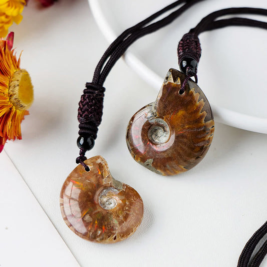 Wear FengShui Natural Ammonite Fossil Snail Pattern Meditation Healing Necklace Pendant