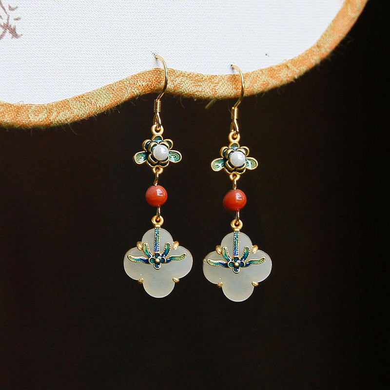 Wear FengShui Lucky Four Leaf Clover Jade Abundance Copper Earrings