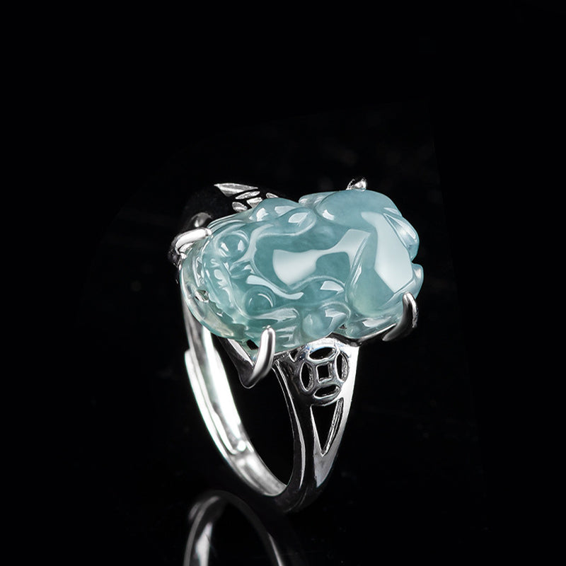Wear FengShui 925 Sterling Silver Fengshui Wealth Prosperity Jade PiXiu Luck Ring