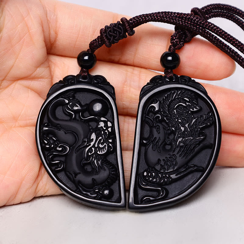 Wear FengShui Black Obsidian Love Dragon Phoenix Protection Necklace Pendant