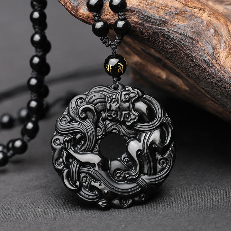 Wear FengShui Natural Black Obsidian Peace Buckle Pixiu Purification Necklace Pendant