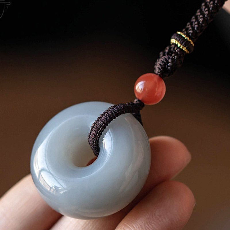 Wear FengShui Natural Round Jade Gray Jade Peace Buckle Luck Necklace Pendant