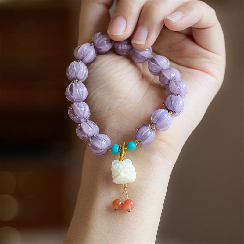 Wear FengShui Liuli Glass Bead Lotus Design Fluorite Ivory Fruit Dancing Lion Charm Enlightenment Bracelet