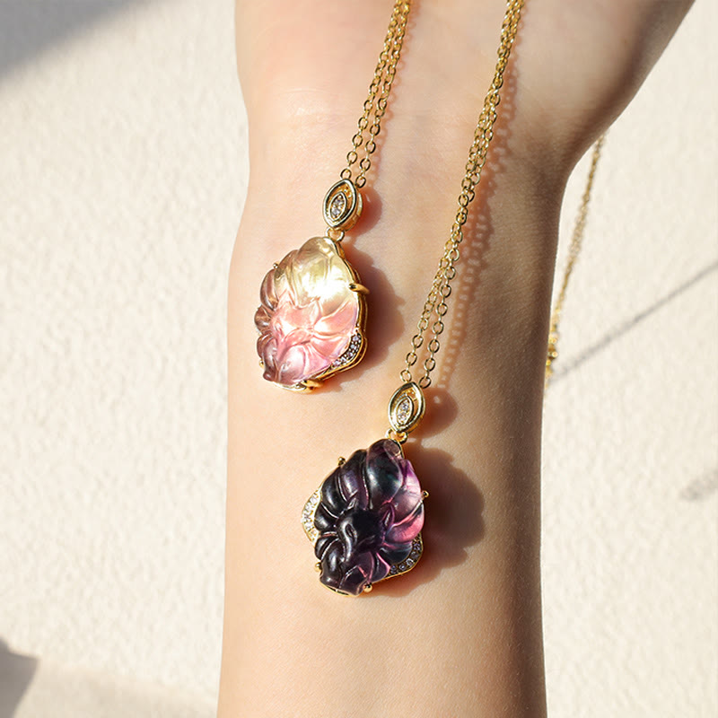 Wear FengShui Natural Colorful Fluorite Nine Tailed Fox Protection Necklace Pendant