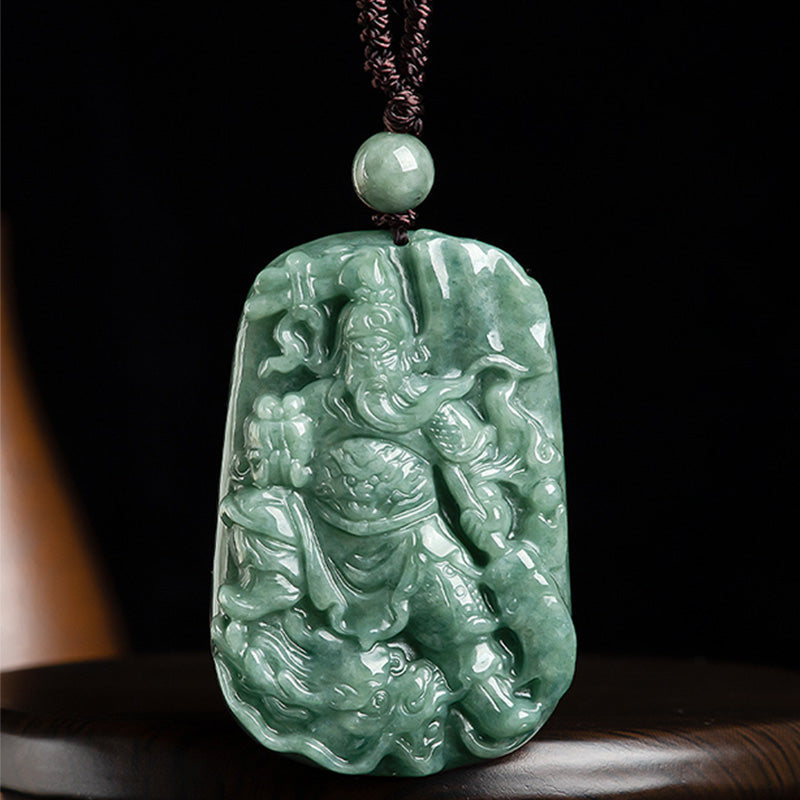 Wear FengShui Natural Jade Guan Gong Amulet Wealth Necklace Pendant
