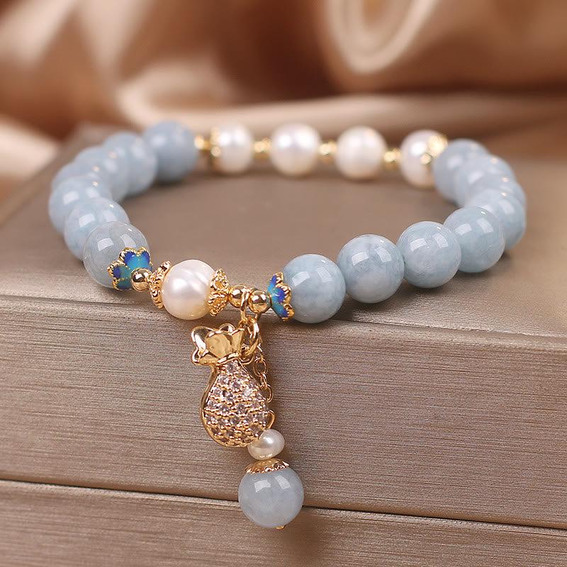 Wear FengShui Aquamarine Pearl Fortune Money Bag Charm Bracelet