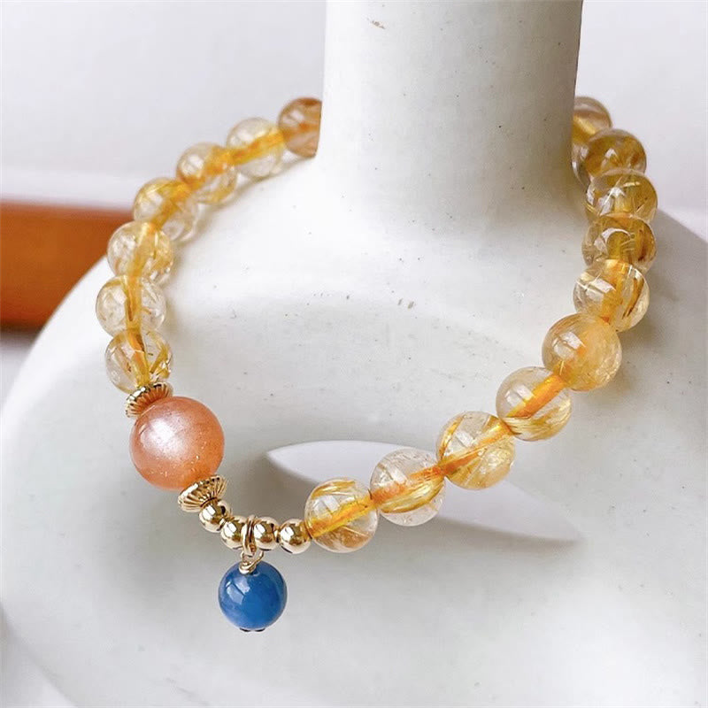 Wear FengShui Natural Gold Rutilated Quartz Sun Stone Kyanite Wealth Bracelet