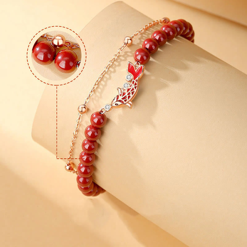 Wear FengShui 925 Sterling Silver Lucky Koi Fish Cinnabar Zircon Prosperity Double Layer Chain Bracelet