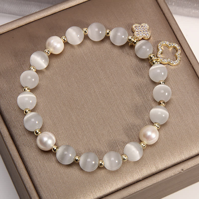 Wear FengShui Cat's Eye Lovely Cat Pattern Pearl Love Charm Bracelet