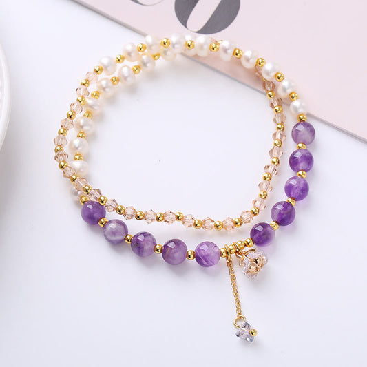 Wear FengShui Natural Amethyst Aquamarine Strawberry Quartz Pearl Peace Healing Double Wrap Bracelet