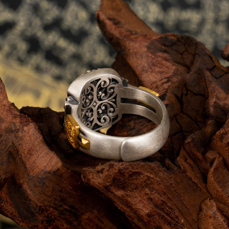 Wear FengShui 925 Sterling Silver Zakiram Goddess of Wealth Design Dzi Bead Protection Ring