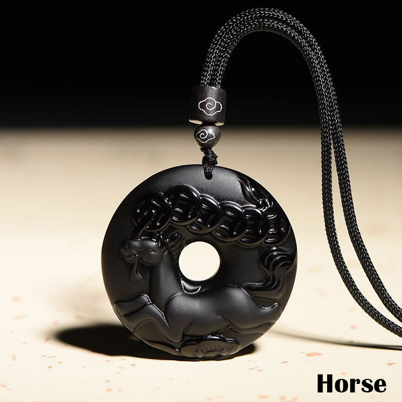 Wear FengShui Chinese Zodiac Natural Black Obsidian Peace Buckle Strength Necklace Pendant