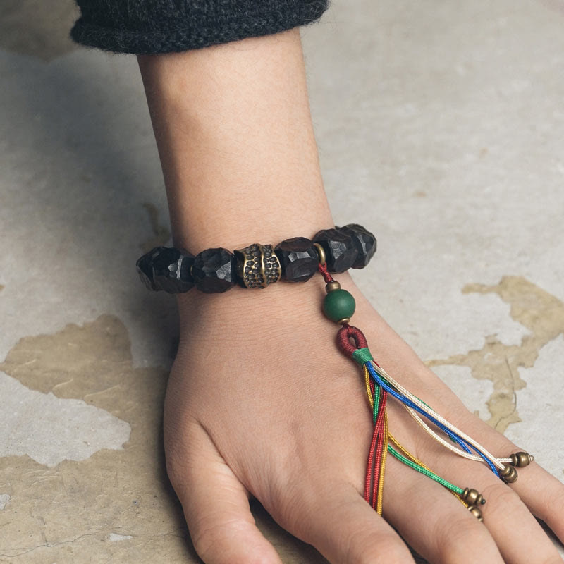 Wear FengShui Tibet Ebony Wood Copper Peace Tassel Wrist Mala Bracelet
