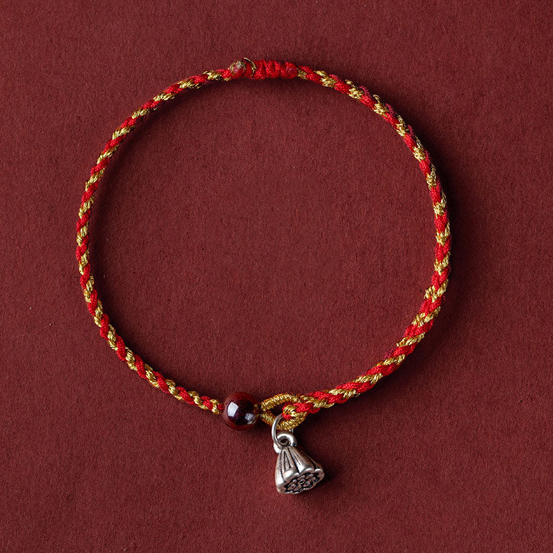 Wear FengShui Handcrafted Red Gold Rope Lotus Peace And Joy Charm Braid Bracelet