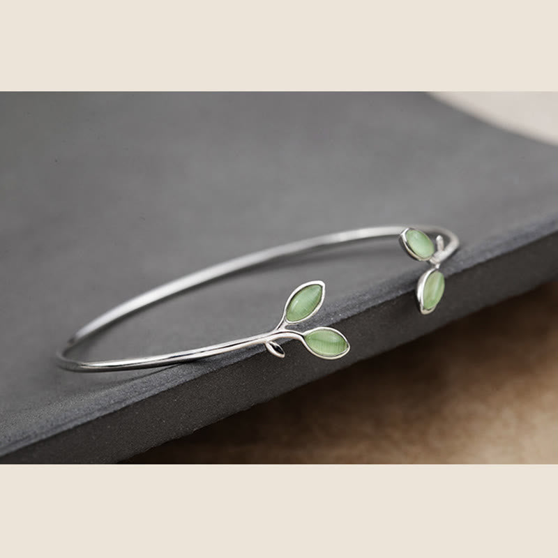 Wear FengShui Leaf Pattern Cat Eye Support Cuff Bracelet Bangle