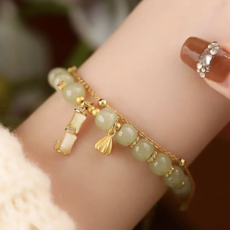 Wear FengShui Natural Hetian Jade Prosperity Lotus Bamboo Charm Bracelet